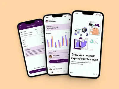 Invoice App - Daily UI Challenge - 46/100 account android app banking app branding daily ui day 46 design ecommerce fintech app graph illustration inspiration invoice ios israt money splash ui uxisrat