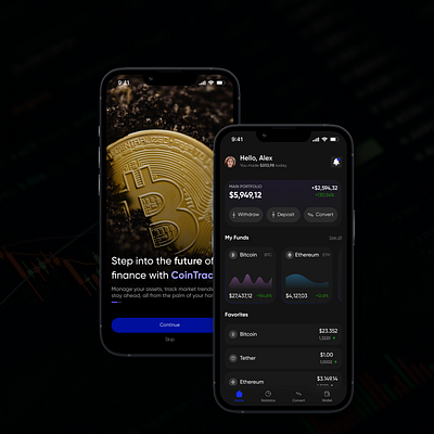 CoinTrackr - Crypto App app bitcoin crypto dashboard ethereum figma mobile mobileappdesign ui userexperience ux