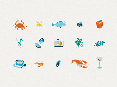 Peekytoe Provisions - Icon Set chowder coastalicons cocktail crab fish foodicons icon icondesign iconset lemon lobster logo logodesign mussel oyster pepper playful sardines seafoodicons seaweed