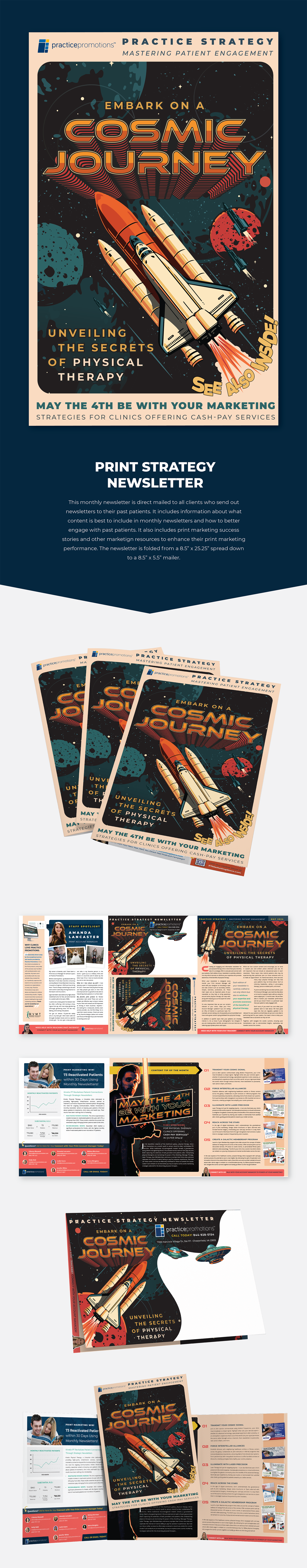 Cosmic Journey Marketing Newsletter direct mail futuristic galaxy graphic art illustration layout magazine marketing marketing strategy may the fourth be with you medical marketing nasa newsletter print print marketing retro space spaceship star wars