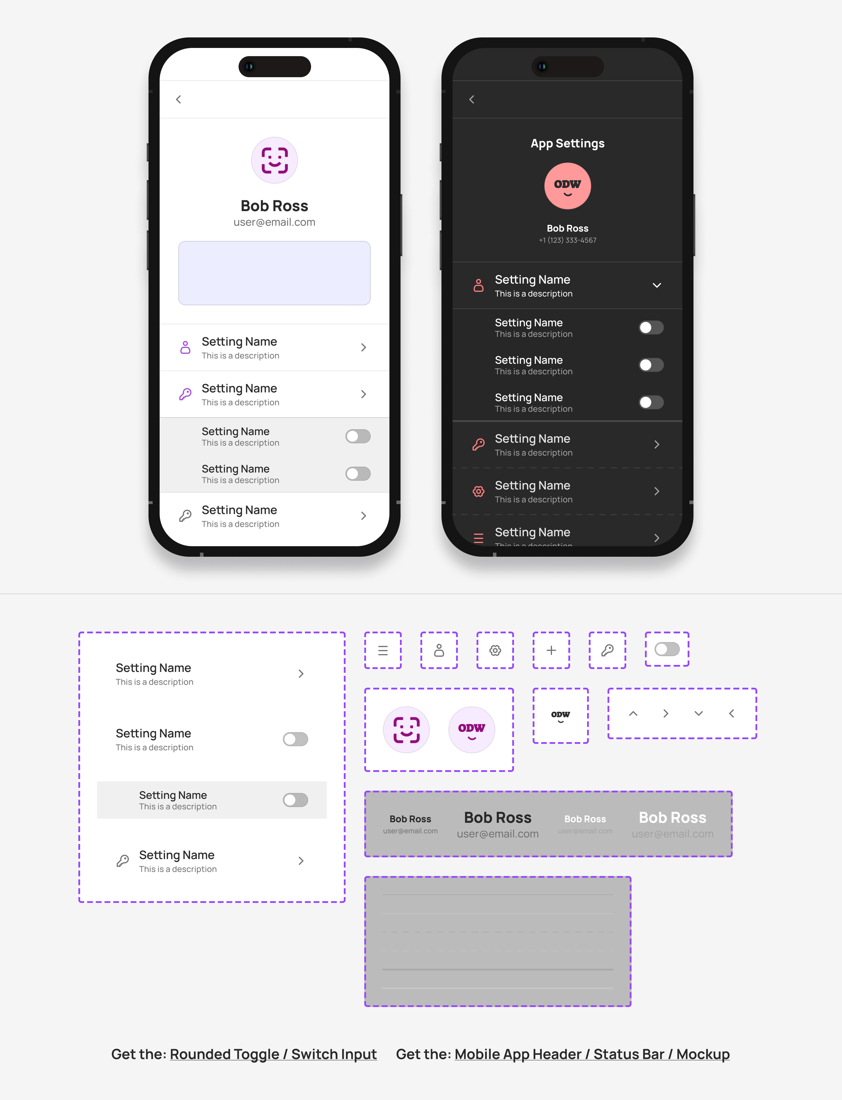 Mobile App Settings Page from Component Collector app card component design figma odw ui