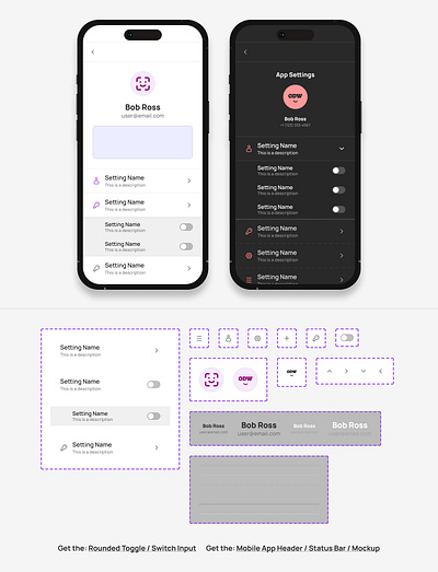 Mobile App Settings Page from Component Collector app card component design figma odw ui