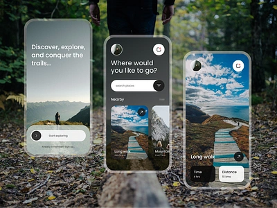 Hiking Application - Mobile app design explore places go on a hike hiking app minimal mobile app mobile app design mockup modern nature search places trekking application ui ui ux ui ux design