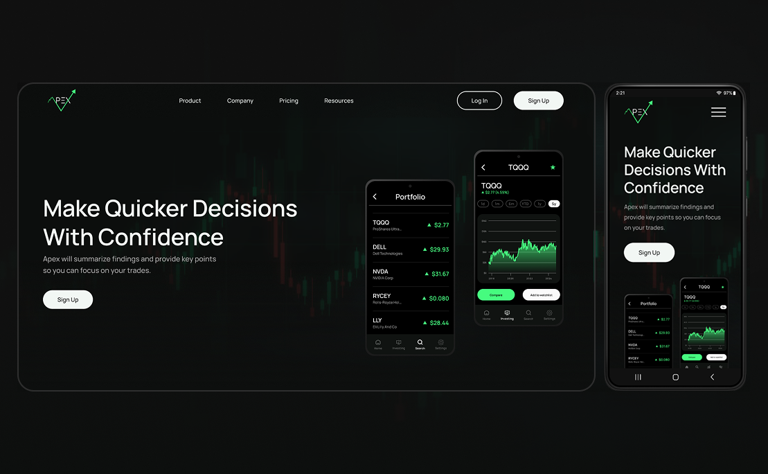 Apex Trading - Landing Page app design branding dark mode design figma landing page stock market stock trading stock trading website stocks trading trading website ui ux web design