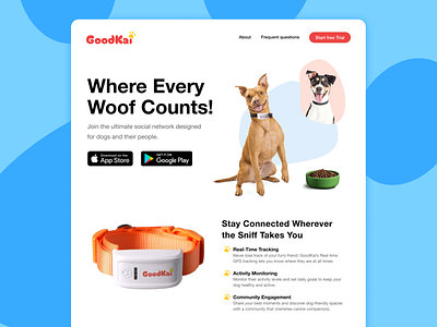 Goodkai - the social network designed for dogs and their people dog dogs landing page pets startup ui website