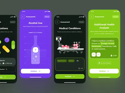 osler UI Kit: AI Telehealth App | Onboarding - Health Assessment ai health assessment ai telehealth app dark mode doctor app green health app health assessment healthcare healthcare app healthcare assessment mobile app onboarding onboarding ui pharmacy app purple soft telehealth app telemedicine app ui kit virtual health