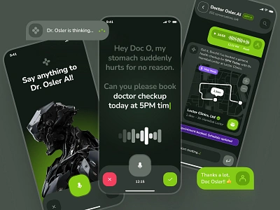 osler UI Kit: AI Telehealth App | AI Doctor Companion UIUX ai chatbot app ai doctor chatbot ai doctor companion ai health chatbot ai healthcare chatbot dark mode doctor app figma ui kit green health app healthcare healthcare app medical app minimal soft sound ui ui kit virtual care virtual health assistant voice recording