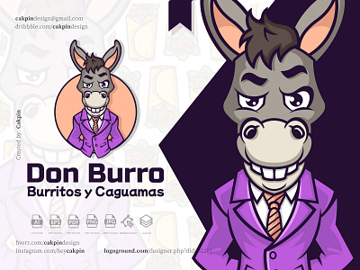 Donkey Cartoon Mascot Logo : Don Burro animal beer beverage branding burritos cantina cartoon character cheerful cute donkey fiesta food fun illustration lively logo mascot mexican playful