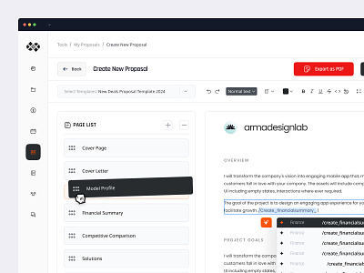 Proposal Creation Dashboard UI ai app automation clean concept creation dashboard design freelance illustration ios manager promp proposal sugestion task text editor tools ui website