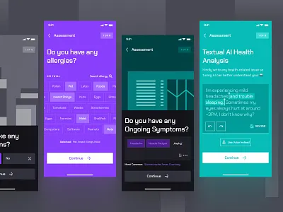 turing UI Kit: AI Smart Healthcare App | Health Assessment UIUX ai healthcare assistant ai healthcare chatbot assessment dark mode doctor app figma ui kit health assesment healthcare app healthcare assessment medical app medical assessment onboarding ui purple quiz smart healthcare teal ui kit virtual care virtual health wellness app