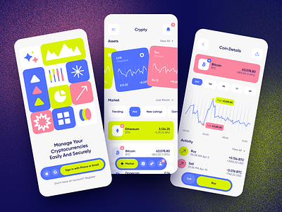 Crypty | Crypto Wallet App bright palette card coin crypto cryptocurrency currency dashboard details e wallet ios menu mobile ui navigate onboarding product design saas startup trading trendy colors welcome screen