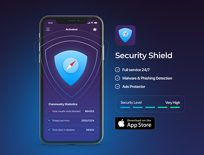 Security Shield ad blocker antivirus futuristic ios 18 iphone 16 modern security shield space management vpn