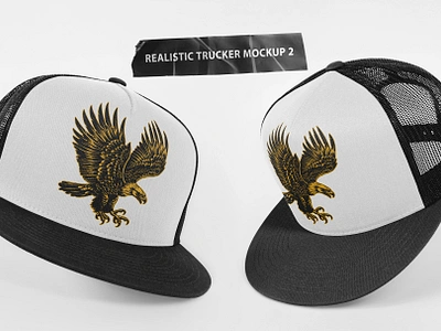 Realistic Trucker Hat Mockup 2 apparel artwork branding design five panel mockup