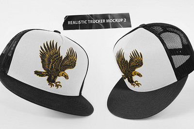 Realistic Trucker Hat Mockup 2 apparel artwork branding design five panel mockup