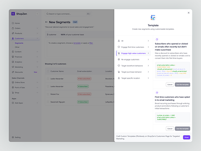 ShopZen - Create Segment Flow create customer create segment customer dashboard ecommerce mobile app new segments order product design saas saas dsign segment list segment page shop shopify table template ui ux web app website