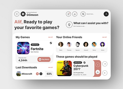 Gaming Dashboard UI Design alif app bento dashboard design download friend game modern ui ui ux design ux website