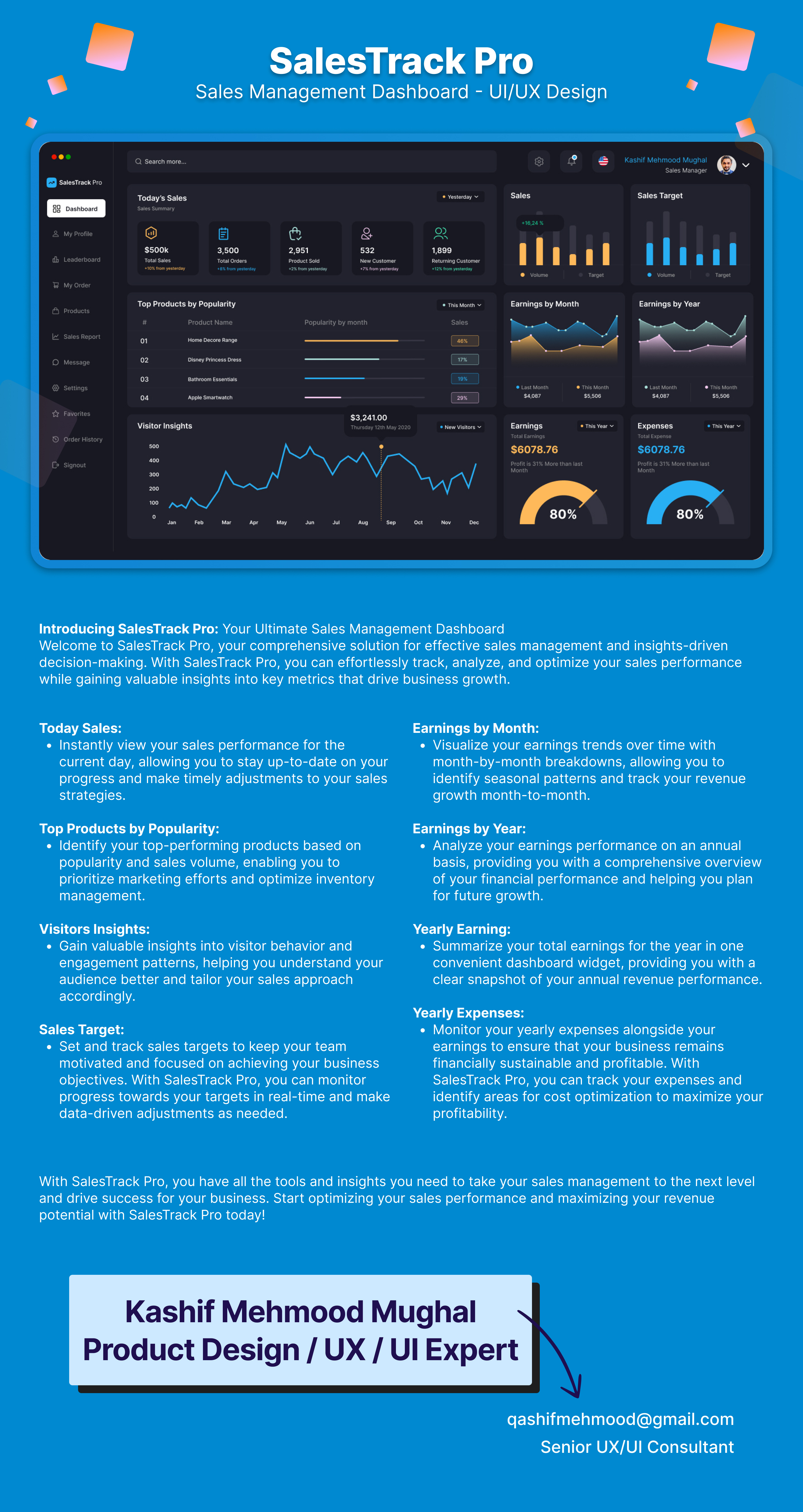SalesTrack Pro: Sales Management Dashboard Design (UX/UI Design) dashboard dashboard design dashboard ui data visualization design figma graphic design product design product designer sales management dashboard ui ui design ui designer ux ux design ux designer visual designer