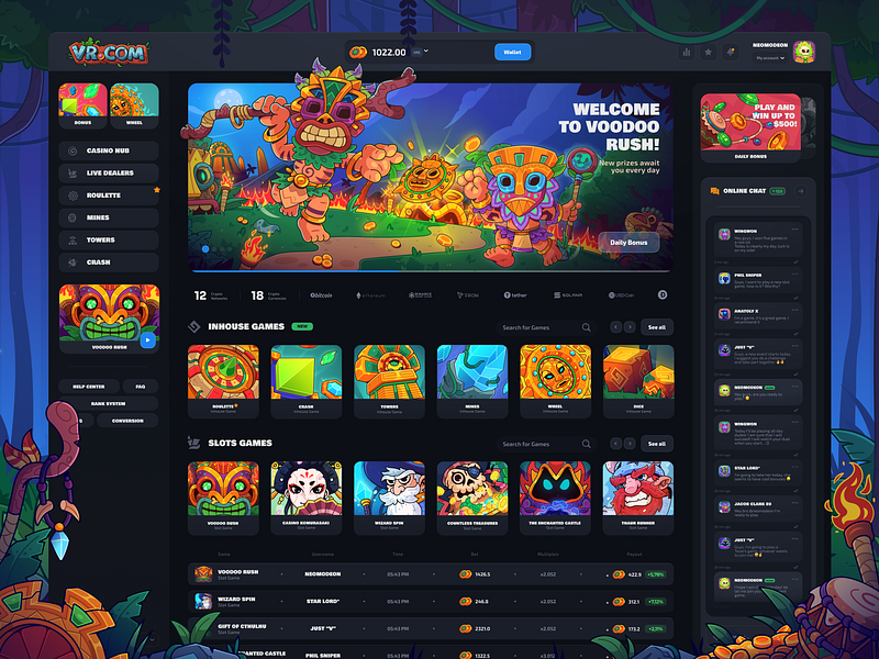 Voodoo Rush: Online Casino | Home Page bet betting bonus casino casino games crash dice gambling home page landing mines online casino roulette slot game slots ui uiux ux web design wheel