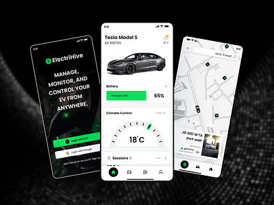Find nearby chargers and track your EV's health with ElectriHive advertising app automotive cars charging charging station electric car electric vehicle electronic ev ev charger industrial industrial design marketing mobile app mobile ui product design render station tesla