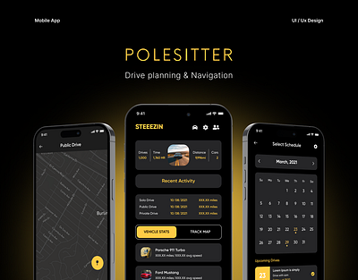 Polesitter | Drive Planning & Navigation Mobile App driving mobile app navigation app planning racing scheduling sports cars ui ux yellow and black