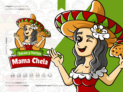 Mexican Tacos Cartoon Mascot Logo : Tacos y Tortas Mama Chela cafe cake cartoon character charro chef design female illustration logo mariachi sombrero mascot mexican restaurant sombrero tacos tequeria tortas