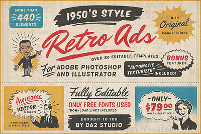 1950s Retro Style Ad Templates 1950s 1950s style ad template advertisement banner housewife illustration retro retro guy retro woman supermarket ad template vintage woman