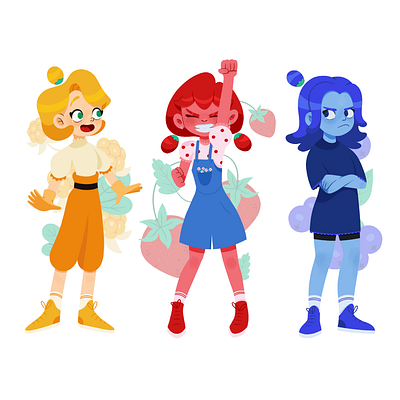 Berry sisters 💛❤️💙 art berry blue blueberry character cloudberry colors concept design digital drawing fruits girls illustration red sisters strawberry yellow