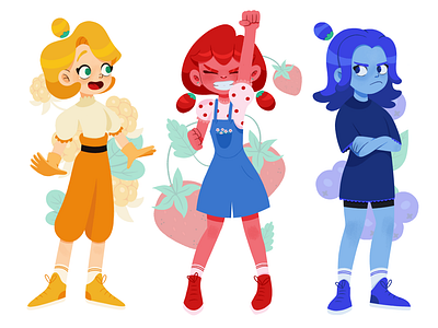 Berry sisters 💛❤️💙 art berry blue blueberry character cloudberry colors concept design digital drawing fruits girls illustration red sisters strawberry yellow