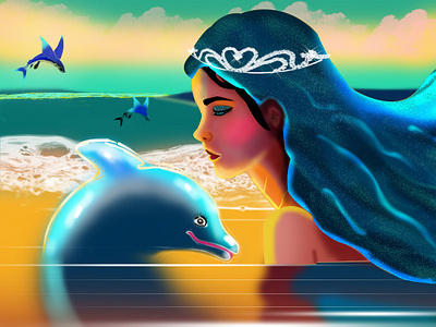 beautiful mermaid and dolphin illustration design. 3d animallove animation art artwork beautiful woman bueaty cartoon cartt dolphin evening fish graphic design illustration love mermaid nature background ocean sea sunset