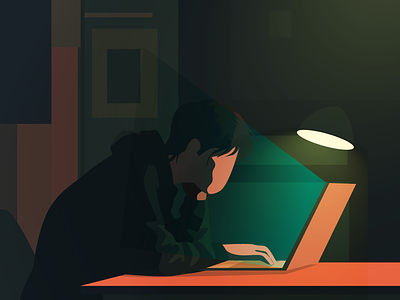 Depressed young man staring at laptop in dimly lit room. anxiety art boy computer dark room depressed designer illustration sadness young man