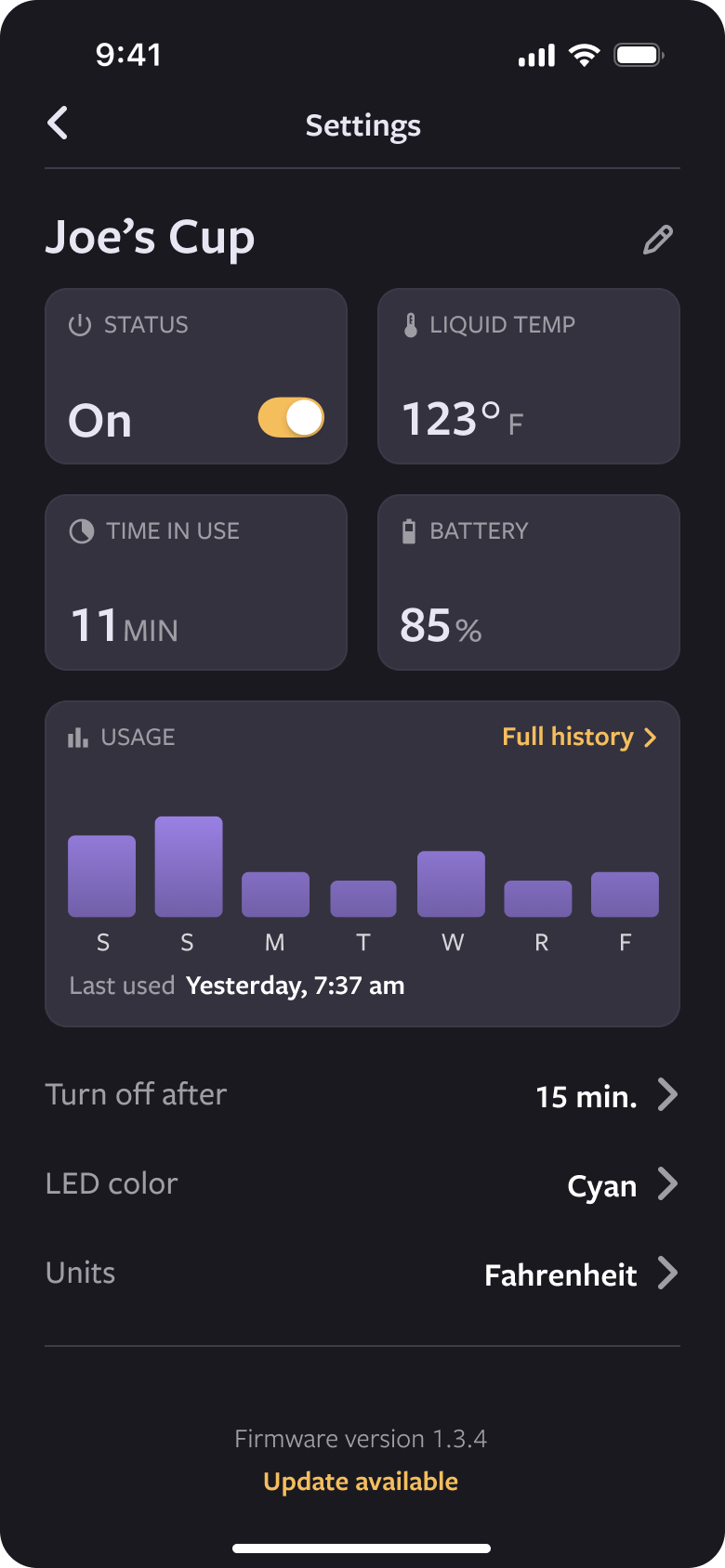 SmartCup Settings dark mode iot mobile app night mode product design shiftnudge smart device ui