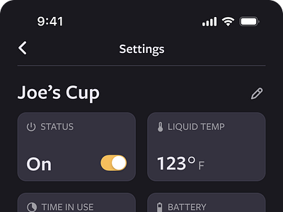 SmartCup Settings dark mode iot mobile app night mode product design shiftnudge smart device ui