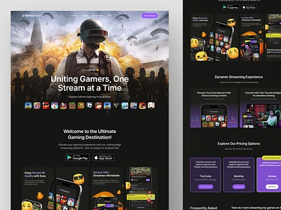 Gemstream - Gaming Streaming Landing Page broadcast concept dark mode download page game game streaming game streaming platform gamers homepage landing page live live streaming mobile app pricing pubg screenshoot streaming ui design video streaming web design