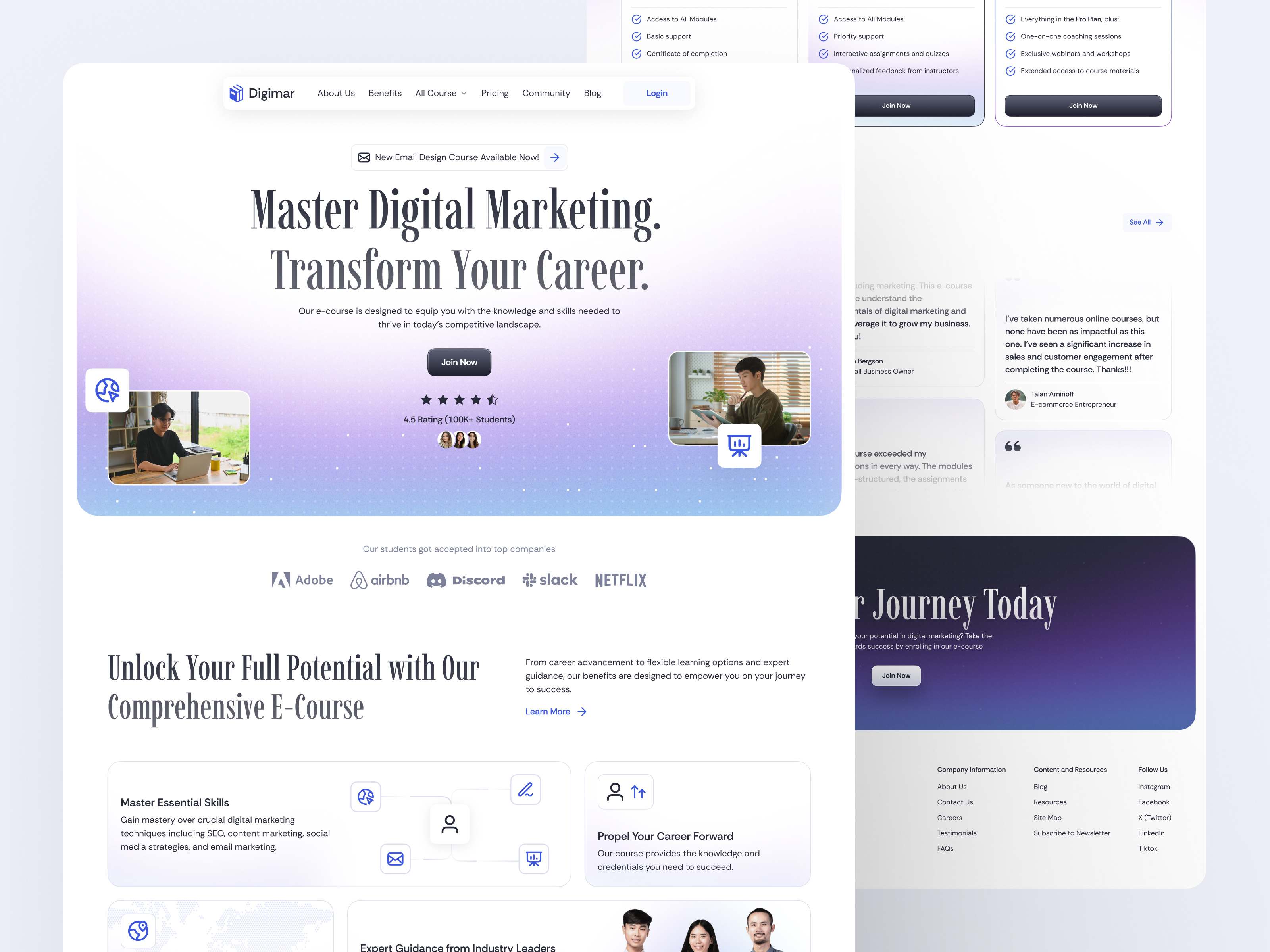 Digimar - E-course Landing Page class classes course design digital marketing ecourse education elearning email design gradient landing landing page learning light mode marketing school ui ui design uiux web design