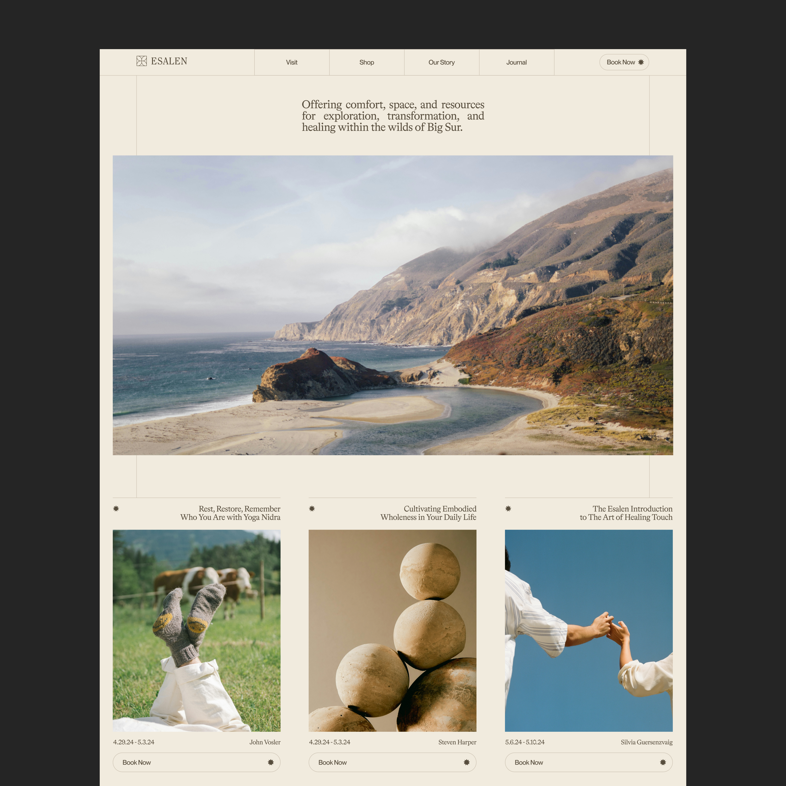 Esalen Homepage beauty brand branding california design ecommerce editorial environment health hero home homepage meditation minimal modern travel type typography ui yoga