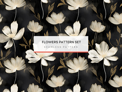 Flowers Patterns, Seamless Patterns 300 DPI, 4K, Floral Pattern black background pattern floral wallpaper flowers pattern foliage illustrations ink wash patterns repeating pattern seamless pattern