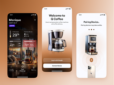 IoT smart coffee machine | Device Mobile App ai ai assistant branding brewing coffee machine dashboard data vis delivery design concept device graphic design iot mobile app smart coffee ui design ux design voice recognition