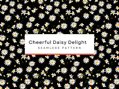 Cheerful Daisy Delight ,floral , Seamless Patterns 300 DPI, 4K black background flat design repeating pattern tile pattern watercolor patterns white daisies pattern yellow petals pattern