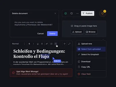 Sanity Studio – Dark mode alert buttons comments components context menu dark mode dialog file input flat minimalistic notifications text editor ui