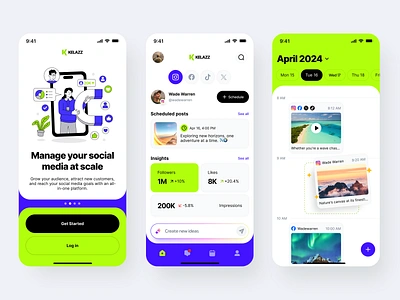 Kelazz - Social Media Management Tools ai app blue branding design dribbble figma graphic design illustration minimalist mobile app mobile ui modern typography ui uiux ux vector