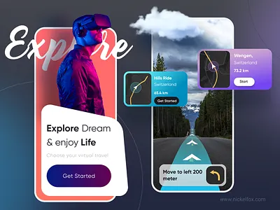 Navigate in Style: VR Travel App Design 3d ai android art branding color design exploration explore graphic design illustration ios logo map minimal mobile app popular trending ui vr