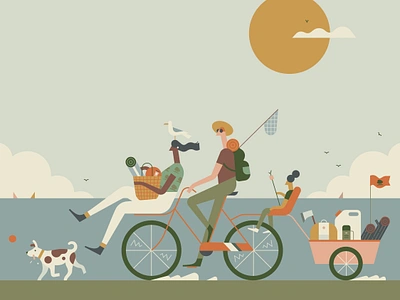 Origins Travel Well. ball bicycle bird camping character dog fishing holiday illustration log ocean skincare sun vector wagon