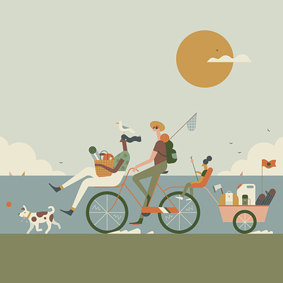 Origins Travel Well. ball bicycle bird camping character dog fishing holiday illustration log ocean skincare sun vector wagon