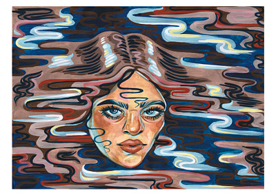 Drowning in thoughts abstract art aesthetic art blue chracter contemporary art dark design emotion expressive art figurative gouache illustration mental health awareness moody painterly painting portrait traditional art water woman