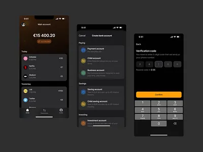 Digital Banking - Dark Mode account bank account banking create account dark mode digital bank digital banking finance financial investment ios mobile app mobile design stock stocks transactions ui ux verification code verification screen