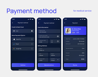 Payment Method page for Medical app