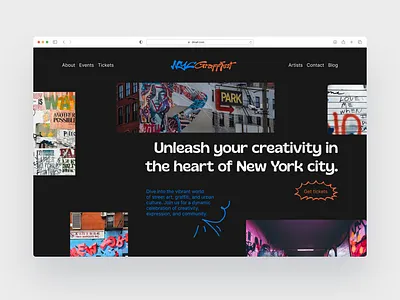 Website for event - NYC GraffFest art challenge dark darkdesign darkmode design designevent event events figma gallery gothic graffiti illustration mainscreen streetart ui uichallenge urbanistic ux