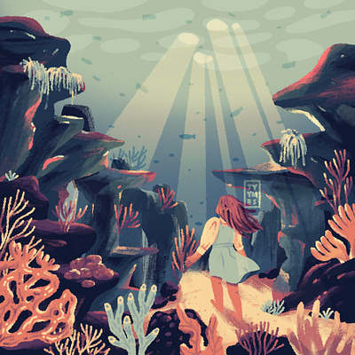 Below the water 🌊 beautiful character childrenbook corals design digital dream girl illustration journey minimal ocean procreate sea under water