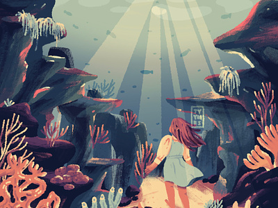 Below the water 🌊 beautiful character childrenbook corals design digital dream girl illustration journey minimal ocean procreate sea under water