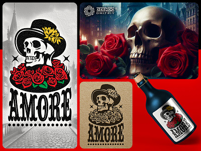 AMORE logo acquaintance branding feelings flowers logo logo design love romance roses skull skull in a hat